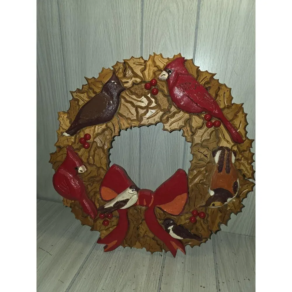Vtg 2004 Handmade Wood Christmas Wreath Cardinals Birds Holiday Farmhouse 15